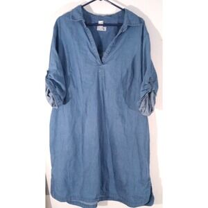 Denim Sz 20 1X Blue Shift Dress Pullon Roll Up Tab sleeve Darts 56" Collection L